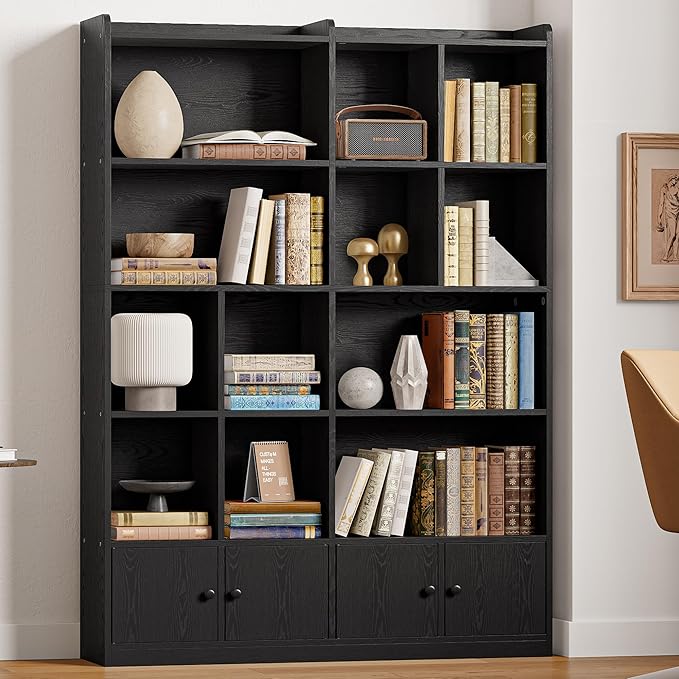 IRONCK Bookshelves and Bookcase, 6 Tiers Large Bookshelf with 4 Doors, Floor Standing Tall Display Storage Shelves for Home Office, Living Room, Bedroom, Black