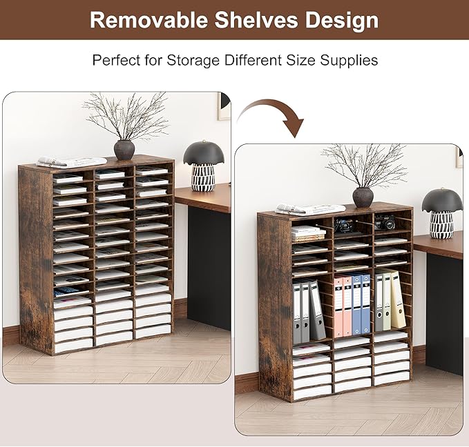 EasyPAG Mail Organizer Countertop, Wood Literature Organizer with Adjustable Shelves, Student Classroom Mailbox for School, Desktop Paper Sorter for Office Home, 48 Compartments, Archaize