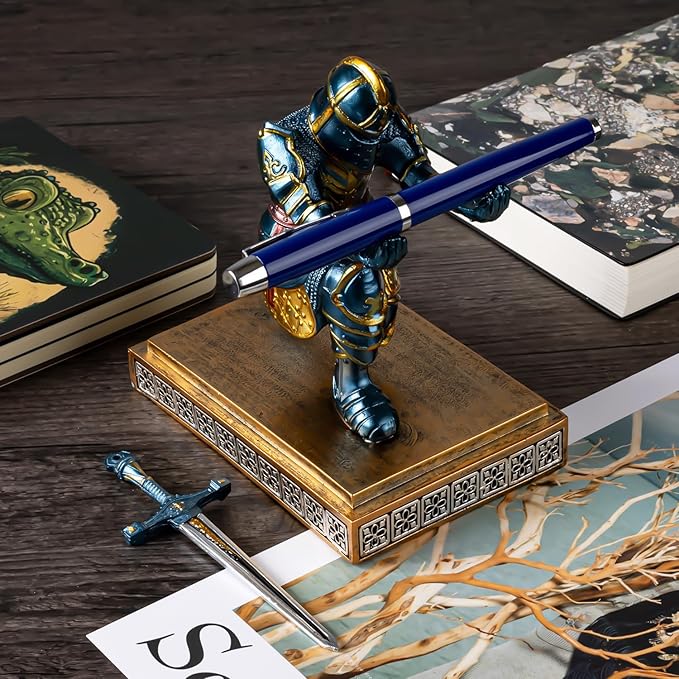 MACLARONX Kneeling Knight Pen Holder with Sword Medieval Warrior Fancy Pencil Stand for Office Desk Home Decor for Men Father Husband Armor Soldier Statue