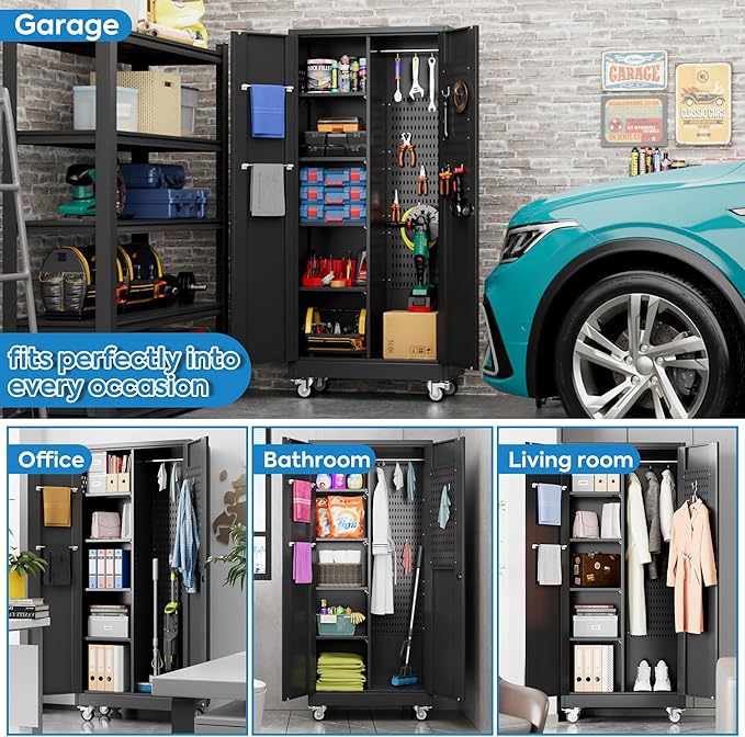 Garage Storage Cabinet with Wheels, Metal Tool Cabinet with Pegboards and 4 Adjustable Shelves, Garage Storage System with Lockable Door for Shools, Offices, Gyms and Pantries, Black