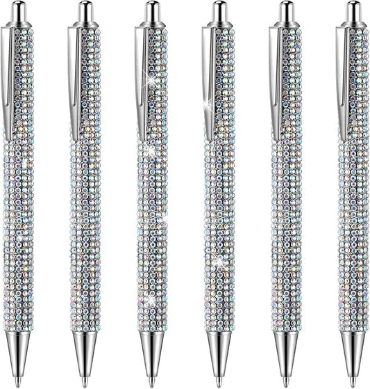 Jeyiour 6 Pcs Bling Pen Cute Diamond Wedding Rhinestones Gift Metal Ballpoint Fancy Sparkly Crystal Retractable Black Ink Pen for Women Office Birthday 0.7mm(Colorful Silver, Silver)