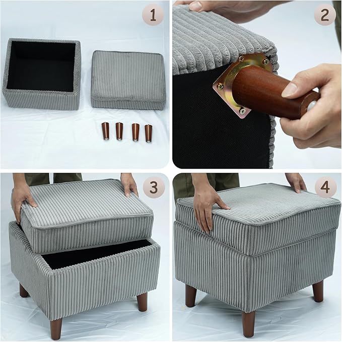 Storage Ottoman with Adjustable Lid, Soft Step Stool, Footrest and Seat, Ottoman Foot Rest for Living Room, Bedroom, Dorm, Light Gray