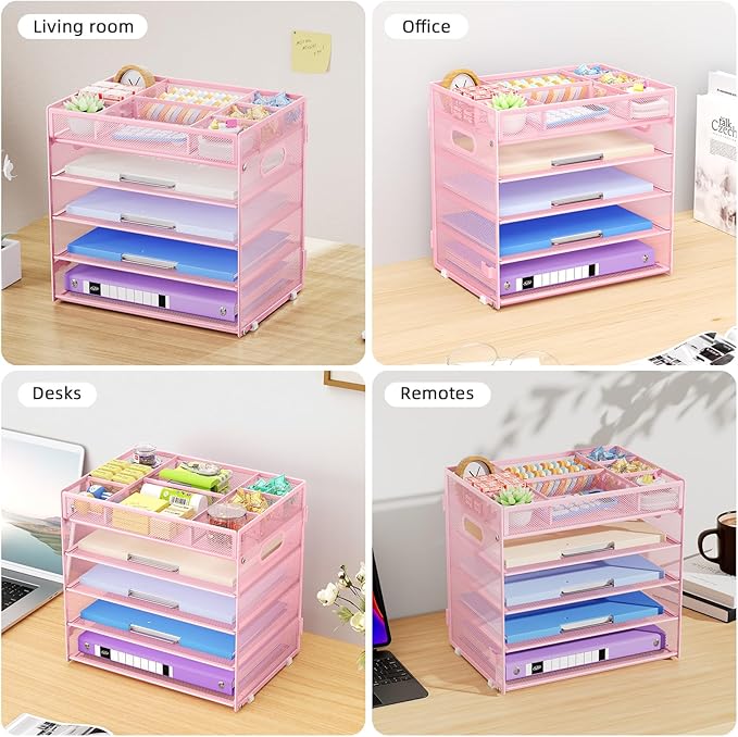 Marbrasse 5-Tier Letter Tray Paper Organizer with Handle, Multi-Functional Mesh File Organizer for Desk, Adjustable Compartments Mesh Desktop Storage for Office Supplies, Pink