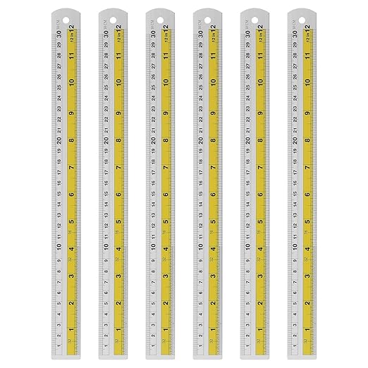 HARFINGTON 6pcs Metal Straight Ruler 30cm Metric SAE Aluminum Alloy Measuring Rulers Scale Tool with Hole for Measure Study Reading Classroom Office, Yellow