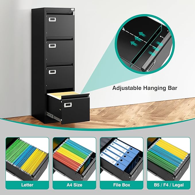 SISESOL 4 Drawer File Cabinet with Lock and Tag,Black Vertical File Cabinet,Narrow Locking Filing Cabinets with Drawers,Metal Filing Storage for Home Office Fit A4 Legal/Letter Size