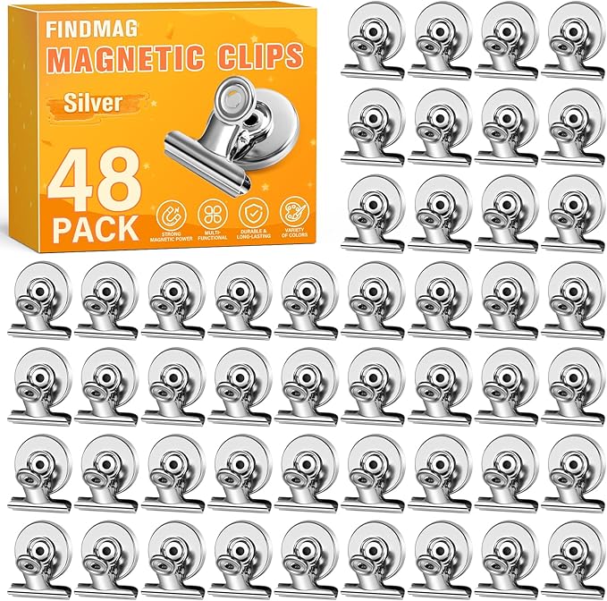 FINDMAG 48 Pack Magnetic Clips for Photo and Picture Display, Strong Scratch-Free Fridge Magnets, Heavy Duty Metal Clips for Picture Hanging, Kitchen, Office, Whiteboard, Silver.