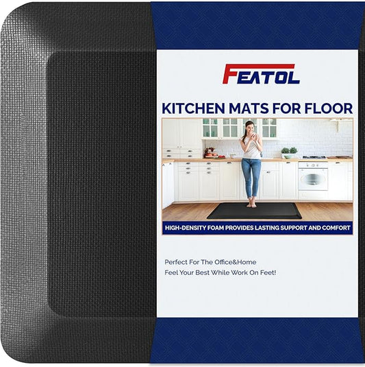 FEATOL 2 Packs Anti Fatigue Mat for Kitchen Floor Thick Cushioned Standing Desk Mat, Ergonomic Kitchen Mats Set of 2, Memory Foam Comfort Floor Mat Padded Foam Rugs, Non-Slip (20" x 39", Black)