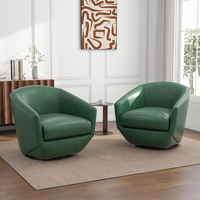 UIXE 360° Swivel Barrel Accent Chair, PU Leather Upholstered Club Armchair for Living Room, Modern Round Arm Chair Single Sofa Bedroom Reading Seating (Green)