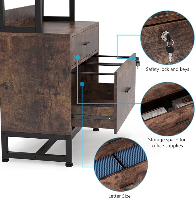 Tribesigns 2 Drawer Vertical File Cabinet with Lock & Bookshelf, Letter Size Large Modern Filing Cabinet Printer Stand with Open Storage Shelves for Home Office, Dark Brown