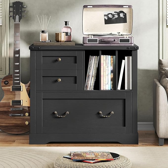 Farmhouse File Cabinet, Lateral Filing Cabinet with 3 Drawers and Folder Organizer, Office Storage Cabinet for A4 Letter Size Files, Printer Stand with Storage for Home Office, Black