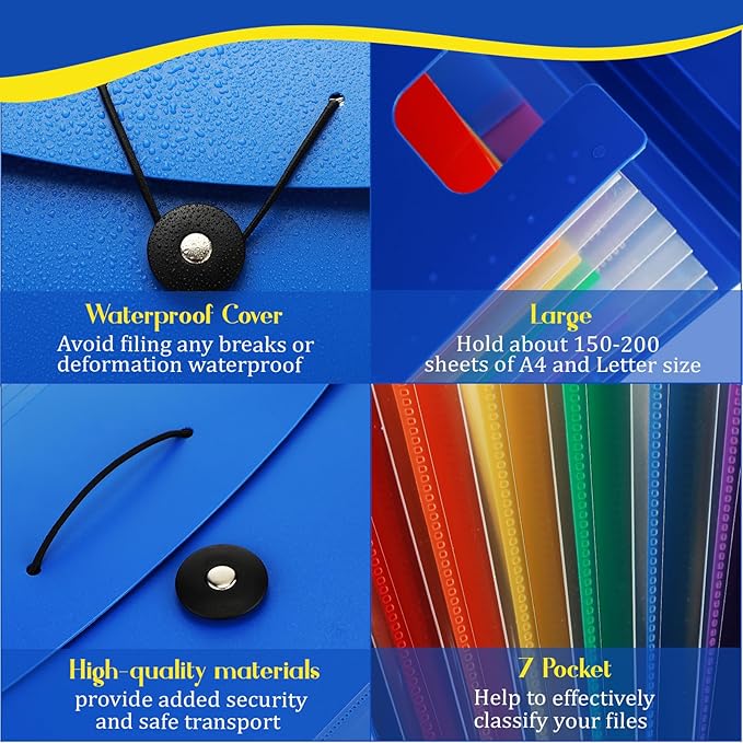 Glenmal 10 Pcs 7 Pocket File Folders File Organizer Expanding Folder with Labels Plastic Expandable Folder Pocket Folder A4 Letter Size Paper Organizer Folder for Office(Red, Black, Blue)