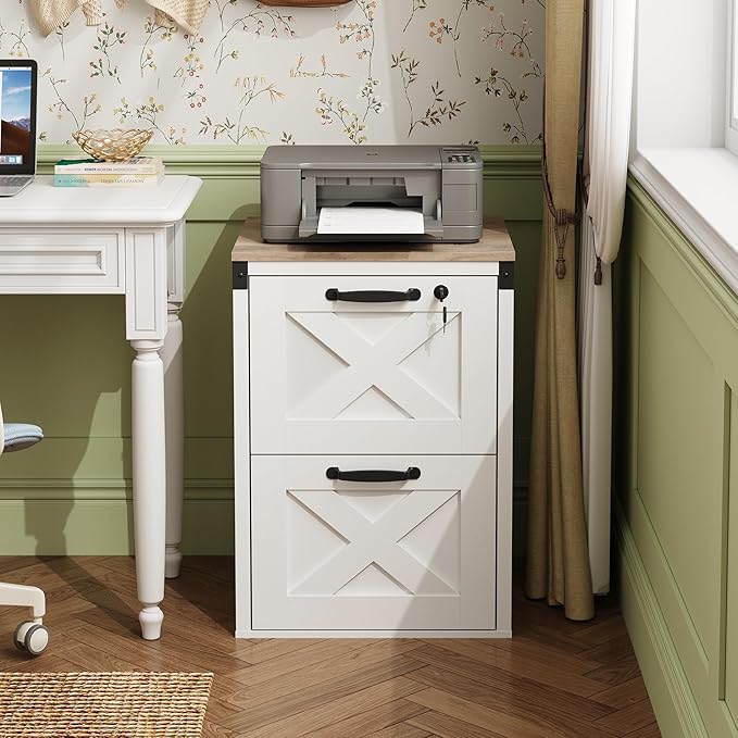 DEVAISE 2 Drawer File Cabinet with Lock, Wood Farmhouse Filing Cabinet for Home Office, Printer Stand Fits Letter and A4 Size, White
