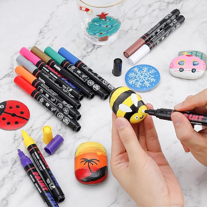 Gold Paint Pens Paint Markers - 12 Pack Permanent Quick Dry Waterproof Marker Pens for Rocks Wood Fabric Plastic Canvas Glass Mugs Metal Tire Stone