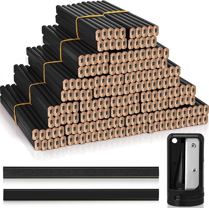 Honoson 200 Pcs Flat Construction Pencils with Printed Ruler Wood Graphite 2 Pcs Carpenter Pencil Sharpener for Woodworking Marking Tool(Black)
