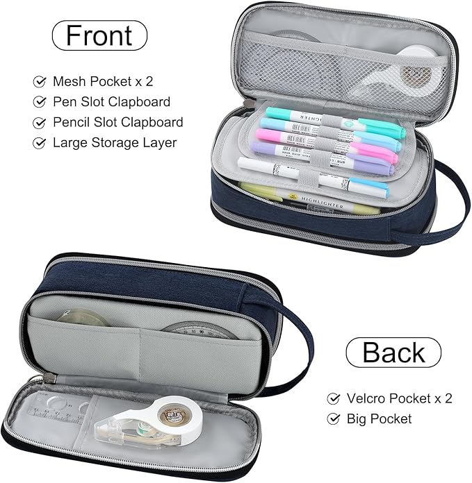 Pencil Case Large Zipper Pencil Pouch for Girls Kids Teens Adults Aesthetic Pencil Bag Stationery Organizer Pencil Case with Handle for School Blue