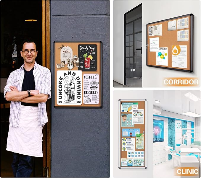 SWANCROWN Enclosed Bulletin Board Tamper-Proof Cork Noticeboard Secure Information Board with Acrylic Door 26x20inch (4xA4)