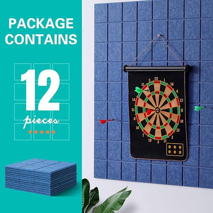 Large Cork Board, 12 Pack Felt Wall Tiles with Safe Removable Adhesive, Bulletin Board for Office, Pin Tack Corkboard for Quilting Design & Dart Wall Protector 48" x 36" - Blue