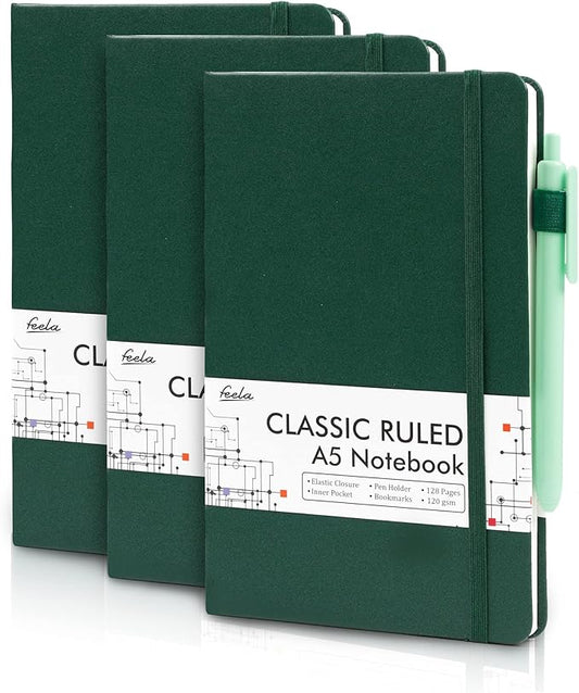 feela 3 Pack Notebooks Journals Bulk with 3 Black Pens, A5 Hardcover Notebook Classic Ruled Lined Journal Set with Pen Holder for Work Business Journaling Note Taking, 120 GSM, 5.1”x8.3”, Dark Green
