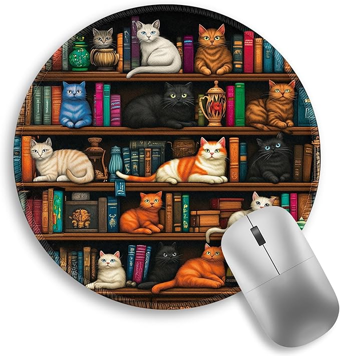 Cats and Bookshelf Mouse Pad, Small Round Mouse Pads for Desk, Mini Travel Mousepad for Wireless Computer Laptop, Office Desk Accessories, 8.6 x 8.6 inch