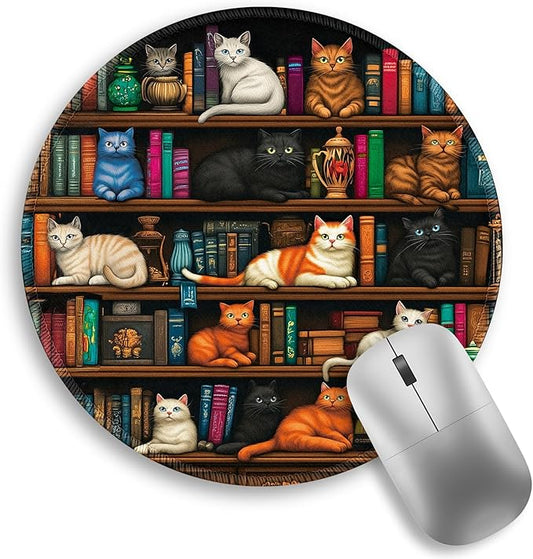 Cats and Bookshelf Mouse Pad, Small Round Mouse Pads for Desk, Mini Travel Mousepad for Wireless Computer Laptop, Office Desk Accessories, 8.6 x 8.6 inch