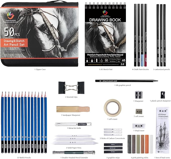 H & B 50 Pack Drawing Set Sketching Kit, Pro Art Supplies with 3-Color Sketchbook, Include Colored, Graphite, Charcoal, Watercolor & Metallic Pencil, for Artists Adults Beginner