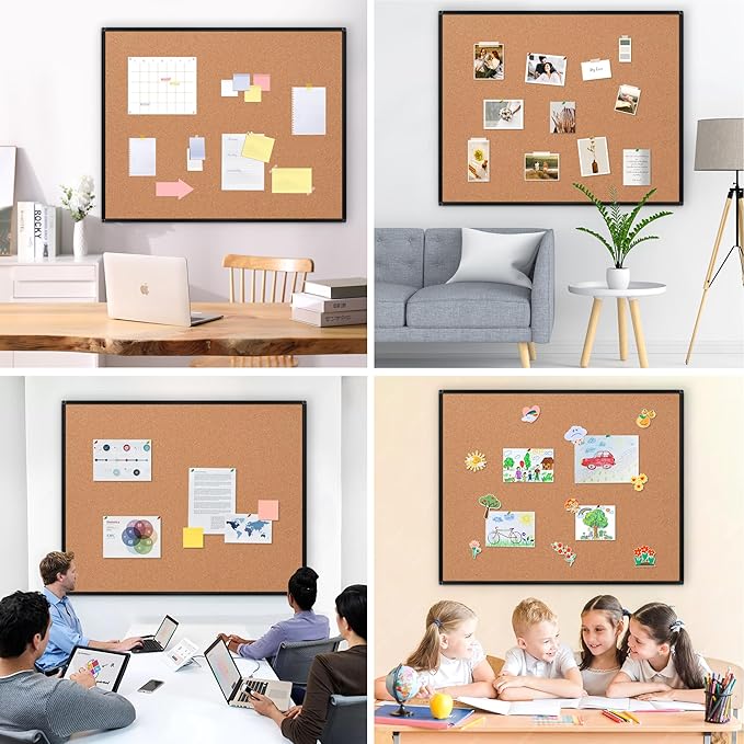 Board2by Extra Large Cork Bulletin Board 48" X 48", Black Aluminum Framed 4'x4' Corkboard for Wall, Wall Mounted Notice Pin Board with 18 Push Pins for School, Home & Office
