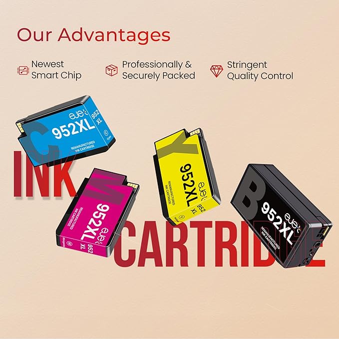 ejet 952XL Ink Cartridges Combo Pack High Page Yield (4-Pack) Compatible for HP 952XL Ink Cartridges Combo Pack | Works Officejet Pro 8702 8710 8720 8210 7740 7720，Black Cyan Magenta Yellow | N9K28AN
