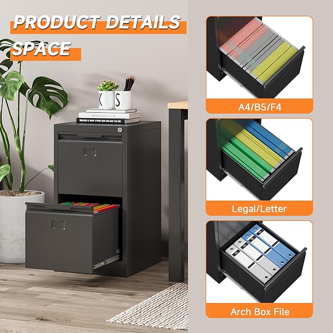 2 Drawer File Cabinet, Metal Vertical File Cabinets with Lock for Home Office, Locking File Cabinet Hanging Files for A4/ Legal/Letter, Assembly Required (Black, 2 Drawer - 15" W)