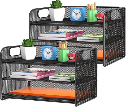 samstar 2 Pack 3 Tier Letter Tray Paper Organizer with Handle, Mesh Desk Organizer Paper Sorter File Rack Shelves, Black