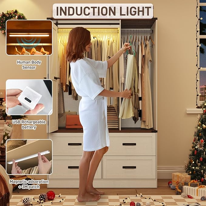 Farmhouse 3 Doors Armoire Wardrobe Closet w/Folding Sliding Barn Door and Lights, LED Armoire Closet w/Drawers for Bedroom, Freestanding Wooden Wardrobe Storage Closets w/Hanging Rod,Antique White