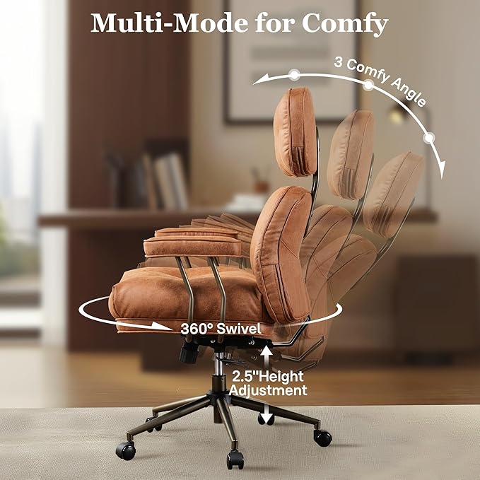 Mid Century Modren Big and Tall Office Chair,Large Ergonomic Executive Chair for Heavy Duty People, Computer Desk Task Chair with Wheels, Faux Lether Fabric Wide Chair for Home Sturdy,Brown(Suede)
