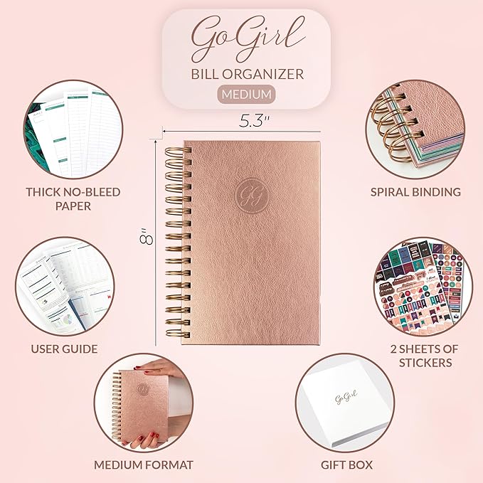 GoGirl Budget Planner & Monthly Bill Organizer – Monthly Financial Book with Pockets. Expense Tracker Notebook Journal, Compact (Rose Gold)