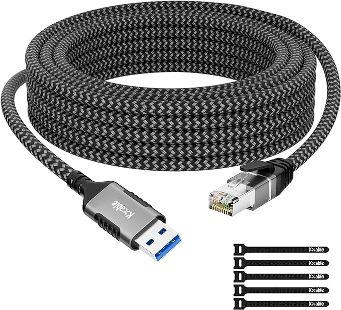 USB to Ethernet Cable 40 FT, 3.0 A Male to RJ45 Male Cord, Directly Connected by Kxable