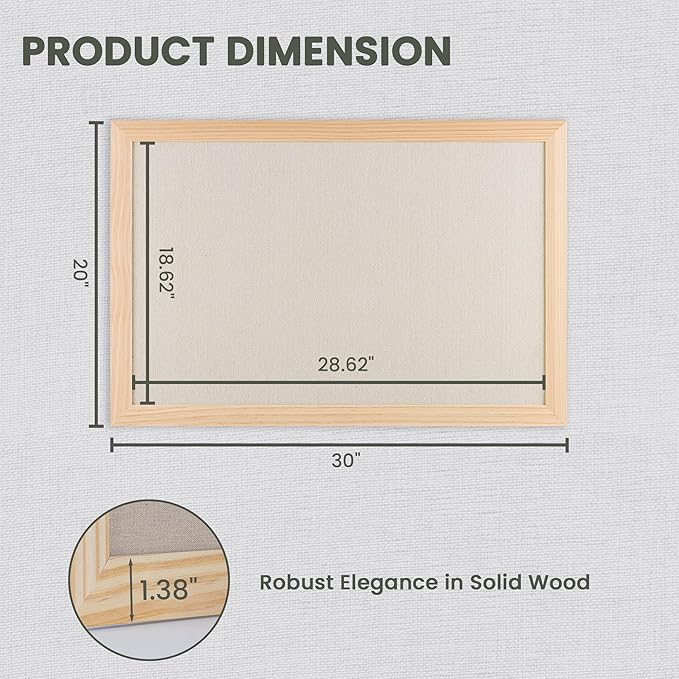 Bulletin Board Cork Board with Linen, 100% Wood Framed 30" x 20" Bulletin Board Decorations, Pin Boards for Walls, Wall Mounted Fabric Picture Board with 10 Pushpins for School, Home & Office, Natural