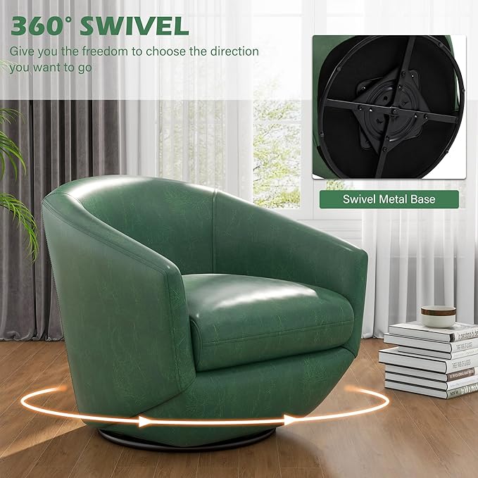 UIXE Faux Leather Swivel Accent Chairs Set of 2, Barrel Chair Upholstered Club Armchair for Living Room, Comfy Single Sofa Bedroom Side Reading Seat - Green
