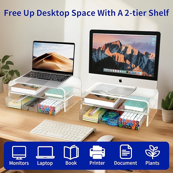 Acrylic Clear Desk Organizers and Accessories, 2-Tier Computer Monitor Stand Riser with Drawer, Laptop Stand, Office Desk Accessories for Office Supplies, Transparent