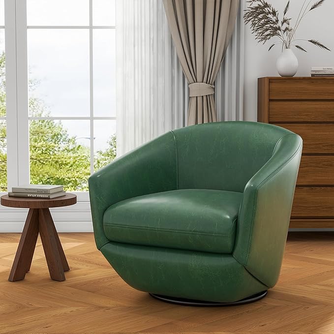 UIXE 360° Swivel Barrel Accent Chair, PU Leather Upholstered Club Armchair for Living Room, Modern Round Arm Chair Single Sofa Bedroom Reading Seating (Green)