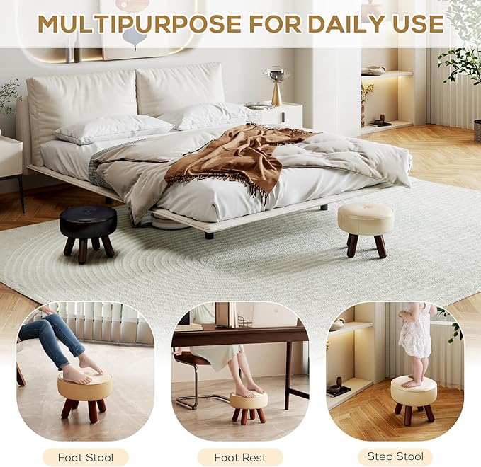 Small Foot Stool 13in, Round Faux Leaher Ottoman Foot Rest for Living Room, Under Desk Footstool Foot Rest with Non-Skid Rubber Legs for Bedroom, Entryway, 13''L x 13''W x 10.2''H, White