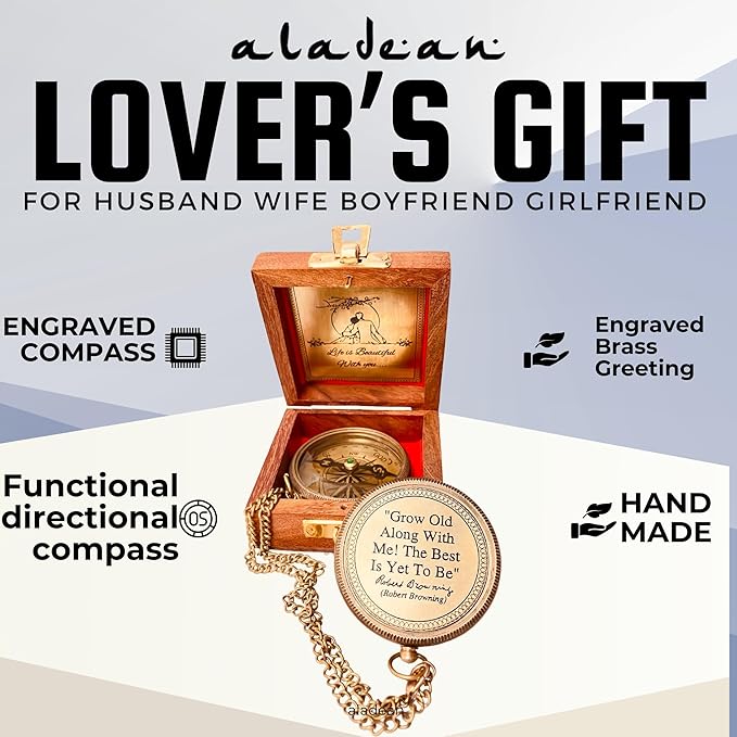 Gift for Husband Wife - Brass Compass 2" | Engraved Quote Birthday Wedding Anniversary Christmas Romantic Love Gifts idea for Boyfriend Girlfriend Men Women Him Her (Grow Old Along with Me)