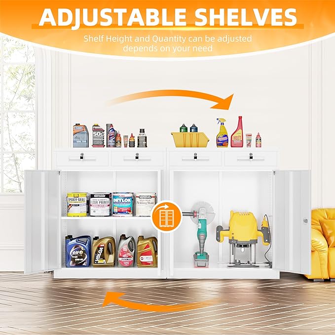 INTERGREAT Metal Cabinets with Drawers,White Metal Storage Cabinets with Doors and Shelves for Garage,Locking Garage Storage Cabinets Drawer 42"×36"×18"