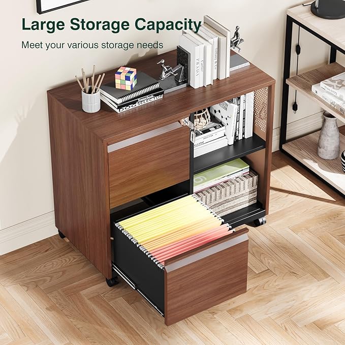 2 Drawer Mobile File Cabinet,Metal File Cabinet with Lock，Lateral Printer Stand Filling Storage Cabinet for Home Office-A4/F4/Letter（Wood