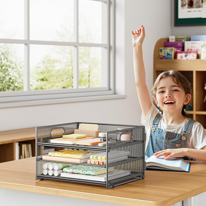 Subekyu 3 Tier Paper Letter Tray Organizer for Desk, Gray Metal Mesh Desk File Folder Sorter Organizer with Handle and Sliding Tray for Home, Office, School Supplies Organization Storage