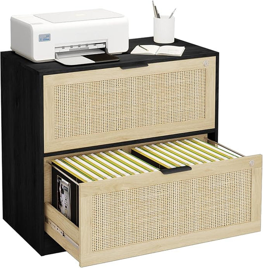 HOPUBUY 2 Drawer File Cabinet with Lock, Printer Stand Lateral Filing Cabinets for Home Office and School, Wood Rattan File Cabinet for Hanging Files/Letter/Legal/A4/F4 Size, Black