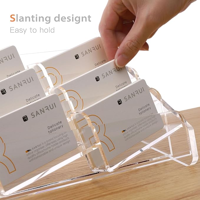 SANRUI Acrylic Business Card Holder for Desk, 3 Tier Clear Tilt Business Name Card Display Holders Stand Storage Organizer Fits 540 Business Cards (Horizontal, 9-Slot)