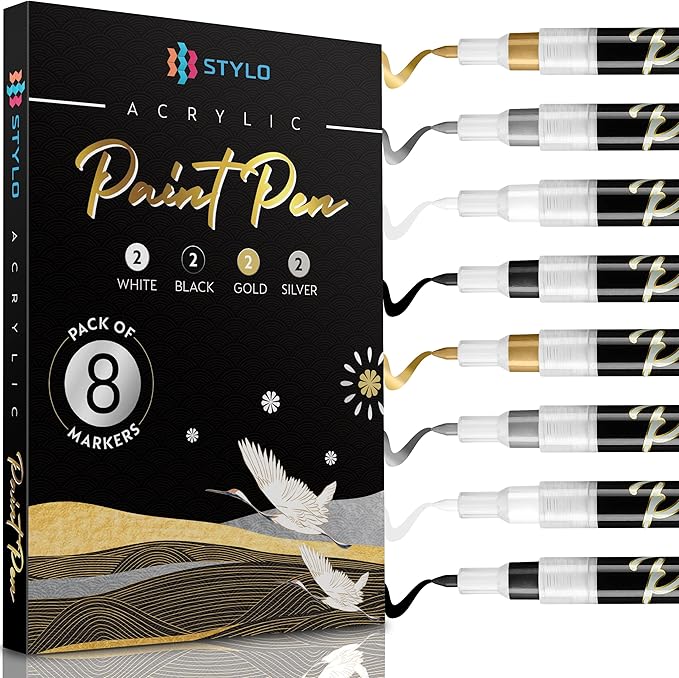 Stylo 8 Count Acrylic Metallic Pens - White, Black, Gold and Silver Fine Tip Permanent Acrylic Metallic Paint Pens for Glass, Wood, Back to School Supplies, Ideal for Arts and Crafts (8 Multicolor)