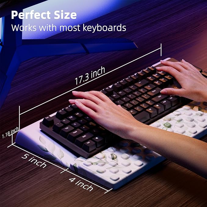 Ospelelf Keyboard Wrist Rest Pad Comfy Ergonomic Keyboard Stand Holder Office Desk Accessories Work from Home Essentials Green Leaves Pattern