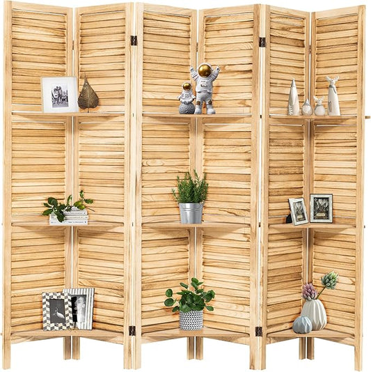 NicBex 6 Panel Room Divider 5.6FT Louvered Design Room Dividers with Display Storage Shelves Folding Privacy Screens Portable Freestanding Partition Wall Dividers for Home Bedroom Office, Natural Wood
