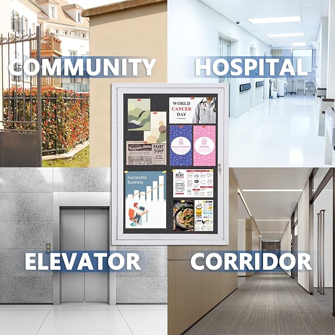 SWANCROWN Outdoor Bulletin Board Weatherproof 36x24in, Enclosed Bulletin Board with Locking Door Wall Display Case for Office School Commerce Show, Black Felt, Sliver Aluminum Frame