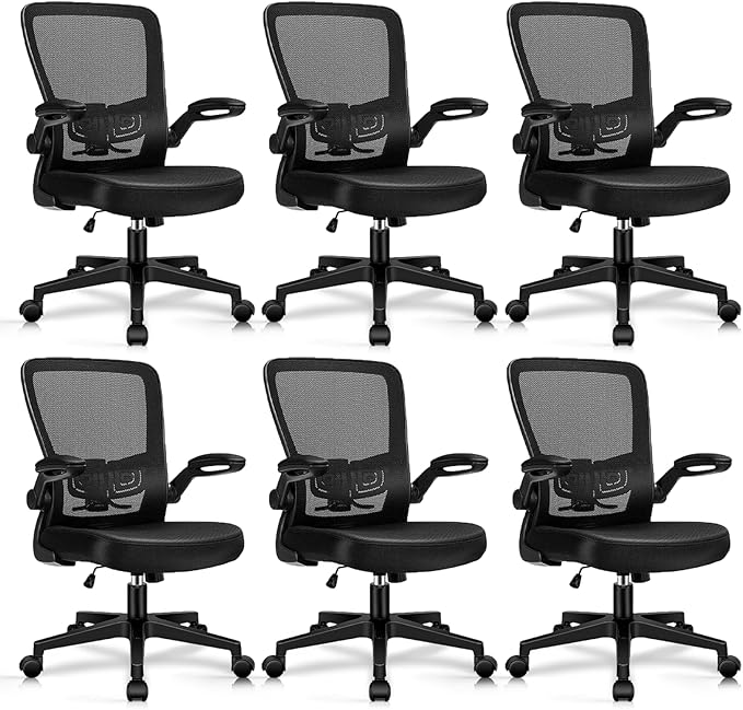 Desk Chairs with Wheels, Ergonomic Mesh Office Chair Adjustable Height and Swivel Lumbar Support Home Office Chair with Flip Up Armrests, Set of 6