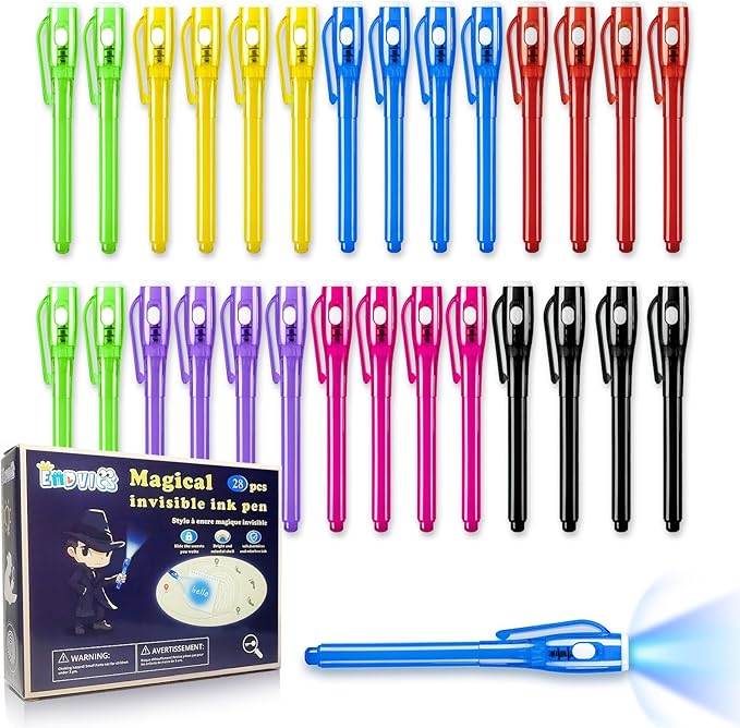 Invisible Ink Pens, 28 PCS Upgraded Spy Invisible Ink Pen with UV Light Magic Marker for Secret Message Escape Room and Kids Christmas Goodies Bags Toy, Spy Pen Party Favors for Kids 8-12